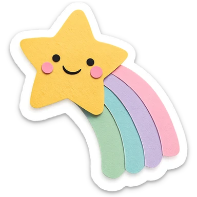 kawaii bright shooting star, rainbow trail, soft pastel colors, no limbs, full body, paper craft style sticker