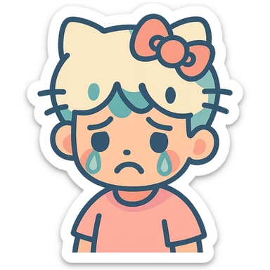 a sad boy with Hello Kitty ears, tears on his cheeks, kawaii style, vibrant toon style, pastel colors sticker