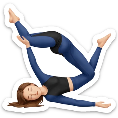 Brown long haired white girl with closed eyes in dark blue leggings and a black t-shirt sits on the splits sticker