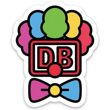 Deutsche Bahn logo with colorful clown wig, red nose, clown bow tie, clearly recognizable, humorous, icon style sticker