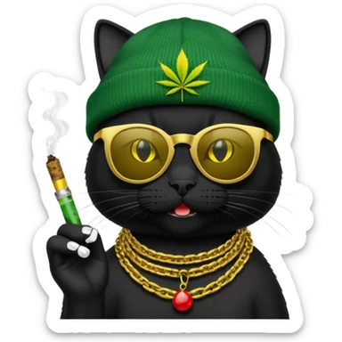 A black cat wearing the deal with it shades and a rasta beanie and smoking a joint and wearing a gold chain that says 420 and the words High Time at the top of the image sticker