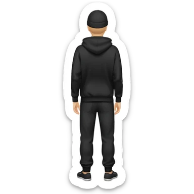 fullbody caucasian man in black hoodie on head, hands in his pockets and black pants rear backview sticker