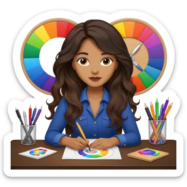 female dark wavy long hair graphic designer , color wheel, pens, papers , desktop sticker
