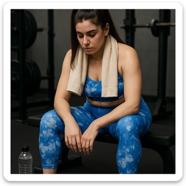 A slender woman in 4K, sitting on a bench in the gym, towel over her shoulders, head bowed and eyes closed, face marked by fatigue, with a water bottle nearby, inspired by the reference photo. sticker