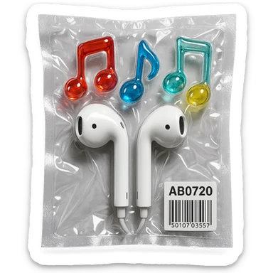 pair of white EarPods with three floating transparent glass music notes in primary colors, glossy and inflated, vacuum-sealed style sticker