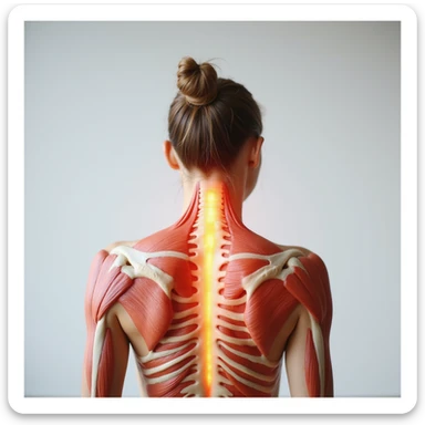 realistic anatomical back view of a woman showing tense head and neck muscles, pain areas highlighted, neutral background sticker