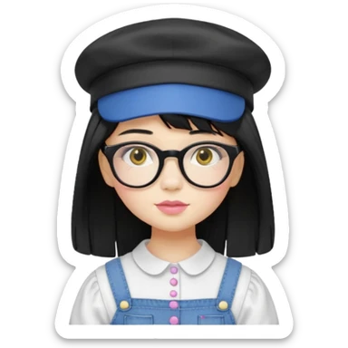 A yellow-skinned girl with medium-long straight black hair, flat bangs, black frame glasses, a white puffy sleeve doll shirt, blue jeans and pink shoes, and a black painter's hat. sticker