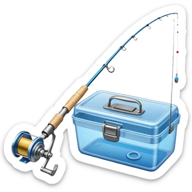 A fishing rod with reel and line neatly coiled beside a bait box. sticker