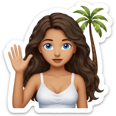 Girl with olive skin, blue eyes, brown dark insanely wavy long hair, white camisole, palm up sticker