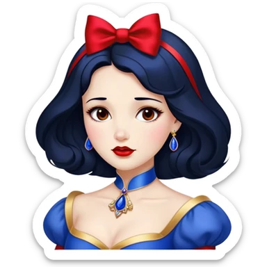 Cinematic Stunning Snow White Portrait Emoji, Fair skin glowing like porcelain, ruby-red lips, deep brown eyes full of kindness, raven hair framed by her iconic red bow, wearing her royal blue and gold gown, exuding timeless beauty and grace! sticker
