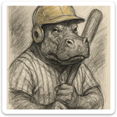 hippo holding a baseball bat, wearing a yellow helmet, pinstripes outfit sticker