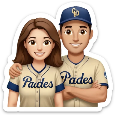 *White* Smiling couple. Woman has big cheeks and a lot of freckles on the nose. long brown hair. Man has black and very short hair and prominent eyebrows with egipcian nose. Both are wearing “Los Padres” baseball jerseys and with a sign that says “Go Padres!” sticker