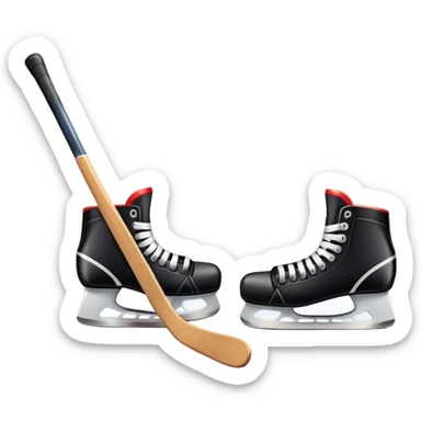 An icon featuring close-up shots of key hockey equipment: a hockey stick, puck, and skates. The background shows a packed stadium with cheering fans, bright arena lights, and an icy rink. Transparent background highlights the essentials of the game and the thrill of the sport. sticker
