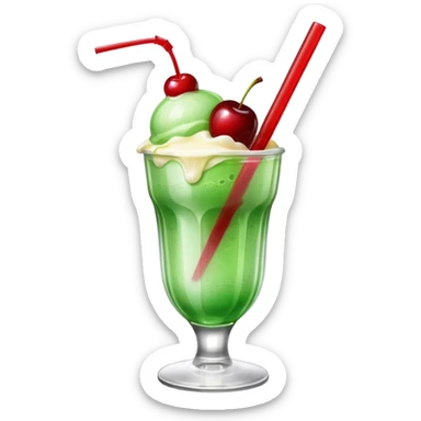Create an emoji with a clear rounded glass, bright transparent green soda with fine bubbles, a smooth vanilla scoop, a glossy red cherry, and a black straw, using vibrant colors, soft shading, and clear glass highlights.
 sticker