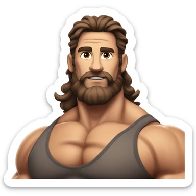 muscled hairy bodybuilder brown hair beard,enormous pecs and enormous biceps, long wavy hair in a man bun, with dark brown eyes, and tanned skin, full body from head to toes picture, flexin both biceps, hairy body, wearing, bodybuilding posing swimsuit sticker