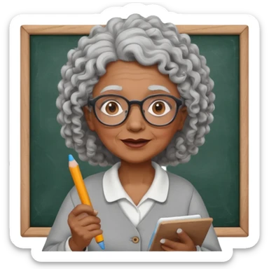 old woman teacher, brown skin, curly grey white hai, wearing glasses, hold chalk on hand sticker
