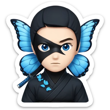 Crea un emoji para usar en WhatsApp con estos dos emoji 🥷🏻 🦋.
Ninja vestido de negro con la piel blanca y una mariposa azul posada en su hombro izquierdo como si la mar6 estuviera volando en su hombro. sticker