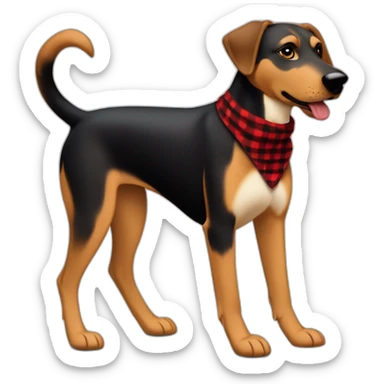 adult 75% Coonhound 25% German Shepherd mix dog with visible tail wearing small pointed red buffalo plaid bandana full body walking left quickly sticker