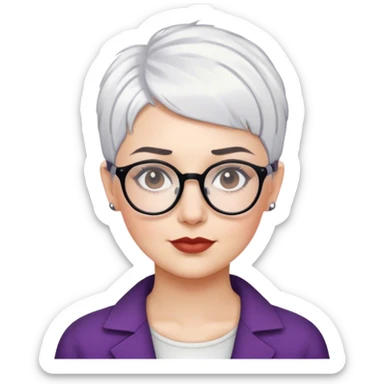 White woman with cropped short pixie white hair, dark brows, glasses sticker