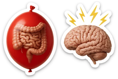 intestino umano anatomico chiuso in un palloncino rosso che simboleggia gonfiore, accanto un cervello anatomico con fulmini vicino che simboleggiano "stress", iperrealistico 4k sticker