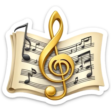 Create a bright and artistic emoji that represents music composition. The design should feature musical notes, a pencil or quill, and a sheet of music, symbolizing the creative process of composing a song. Add a touch of elegance with flowing lines to represent melody and rhythm. Use gold or silver tones for sophistication, and incorporate a mix of vibrant colors to convey creativity. The background should be transparent. sticker