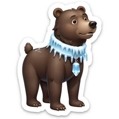 Realistic dark brown bear on four legs with a frozen ice collar that has icicles protruding downward, shaped like a large dog collar but made of crystal clear ice sticker