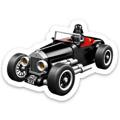 Satanic Darth Vader black Bare bones Lego(channeled cowl) drag racing and speed record modified (fenders removed) chopped streamlined sporty roadster that is a (stripped down) hot street rodded engine sports car 1932 Rolls Royce Woody futuristic  wide racing wheels sticker