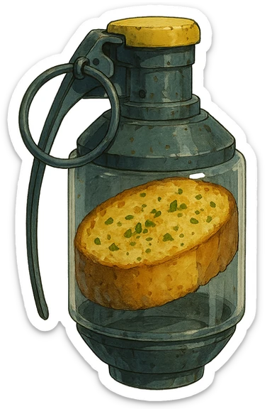 a thermonuclear hand held grenade IED, futuristic cyberpunk. The primed exlosive element is not c4 plastique, but it is garlic bread. sticker