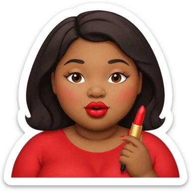 Create an emoji of a fat black woman with chubby cheeks with blushing red lipstick posing as if she were kissing sticker