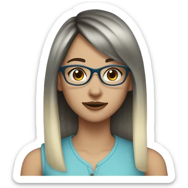 young woman, pale skin, long length dark brown wolfcut hair, glasses, blonde bangs NO GLASSES, darker shade of hair  blue hair  sticker