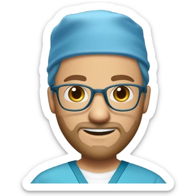 male blond doctor in scrub cap with grey van dyke beard with hazel eyes and small wire-rimmed glasses in blue scrubs holding a large paintbrush sticker