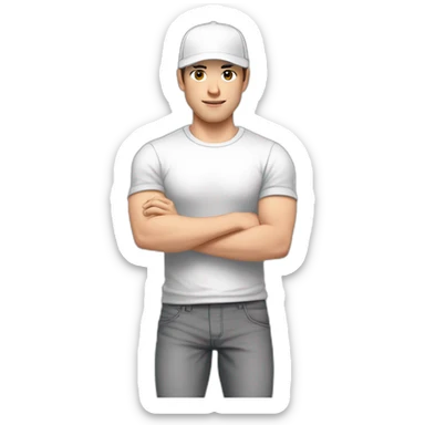 Pale skinned fit Man with dark brown hair in a white cap, gray jeans and gray polo T-shirt keeping a pasted with tape white box into his hands sticker