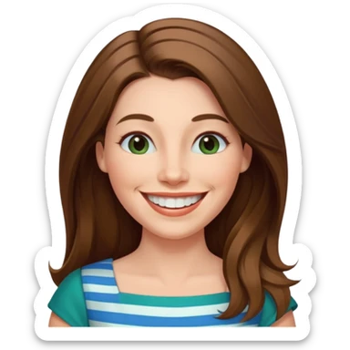 40 yr Caucasian woman, long brown hair parted on side, white stripe in hair, blue green dress ,big smile, white teeth, dimples sticker