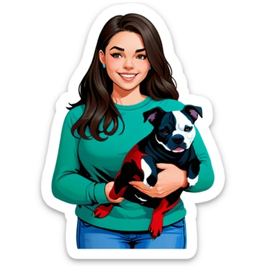 Beautiful young girl, slightly overweight with long dark hair that’s choppy cascading over her shoulders as she holds her black iPhone, and she has her beautiful dog mix of a pitbull with an under bite standing beside her sticker