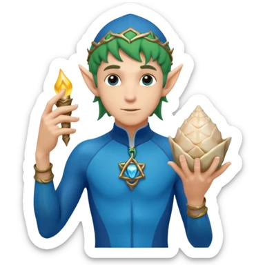 elf male Short wetsuit-style garb, glowing runes on skin, holding a conch horn. sticker