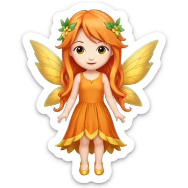 fairy with long orange hair, yellow wings, red dress, happy, chibi full body sticker