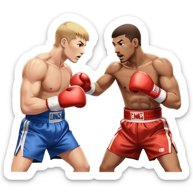 Two professional boxers in the ring fighting for the world championship title. One delivers a powerful straight punch to the head, while the other skillfully dodges. The background shows a brightly lit boxing arena with a roaring crowd. Transparent background sticker