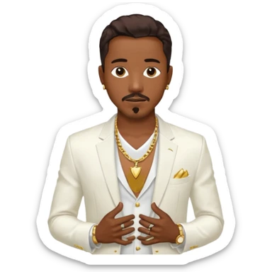 Ralph Tresvant with dark brown hair, white suit jacket, shirtless with necklace sticker