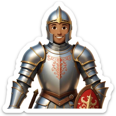Clash of Clans aesthetic Cheerful Knight Portrait Emoji, With a radiant smile and an upright, confident stance, featuring an elegantly armored figure with intricate detailing and shining accents, his face in a natural skin tone, Simplified yet expressive features, highly detailed, glowing with a soft, luminous aura, high shine, upbeat and noble, stylized with an air of classic medieval heroism, soft glowing outline, capturing the essence of a cheerful knight ready to embark on legendary adventures! sticker
