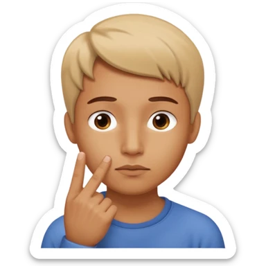 looking directly at the camera. They are touching their lower lip with their index finger in a contemplative or pensive gesture. The overall tone of the image feels casual and intimate, with a slightly blurred focus that gives it a soft, candid appearance. sticker