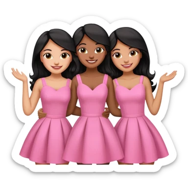 3 besties with professional glammed up looks wearing pink, medium skin tone smiling big with black long hair  sticker