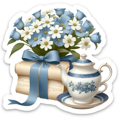 A timeless arrangement of a dusty blue silk ribbon loosely wrapped around a bundle of aged letters, with pressed white flowers and a porcelain tea set in the background.
 sticker