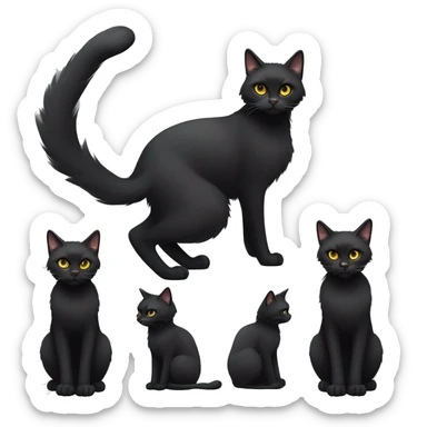 One petite, solid black furred cat. Light yellow eyes. Black pointed tufts of long fur at only the very tip-top points of its ears like a lynx. Fully body black and no other color markings. Facing forward and standing with ears slightly tilted. sticker