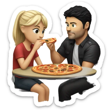 karl urban sitting at a table eating pizza with small white girl with black hair sticker