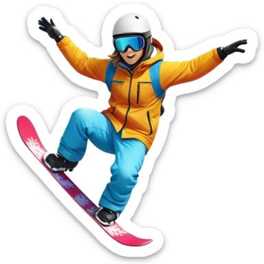 An icon featuring a snowboarder mid-jump, performing a stylish trick above a snowy mountain slope. The background showcases powdery snow, evergreen trees, and a bright blue sky. Transparent background captures the energy, skill, and thrill of snowboarding. sticker
