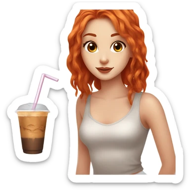 Beautiful fair skin long orange red hair girl brown eyes fair skin girly beautiful drinking straw iced ice coffee clean white beautiful sticker