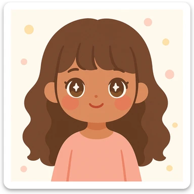 pretty girl with medium skin, pink cheeks, large hazel eyes, long wavy brown hair with bangs, soft nose, red lips, feminine face, wearing a pink dress sticker