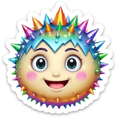 A single spiky crystal rock character, chubby and compact, covered in short chunky crystal spikes and faceted planes, iridescent rainbow colors, cute round face on the front with big glossy eyes and a wide happy smile, sticker