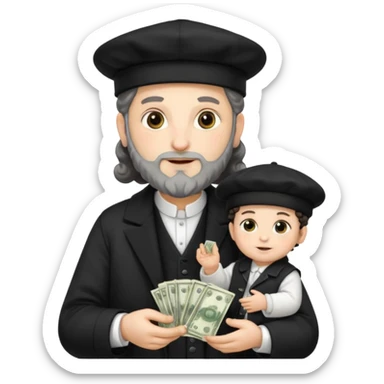 Jewish rabbi wearing traditional religious apparel with two side hair curls holding money and baby sticker