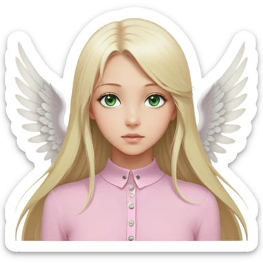 Blonde girl (from the chest up), green eyes, and light skin. Gazing forward. Long, straight hair. Thin lips. A light pink, long-sleeved, tight-fitting knit blouse buttoned in the front with small white buttons, some are undone. White wings protruding from her back, like an angel's. Doe eyes. sticker